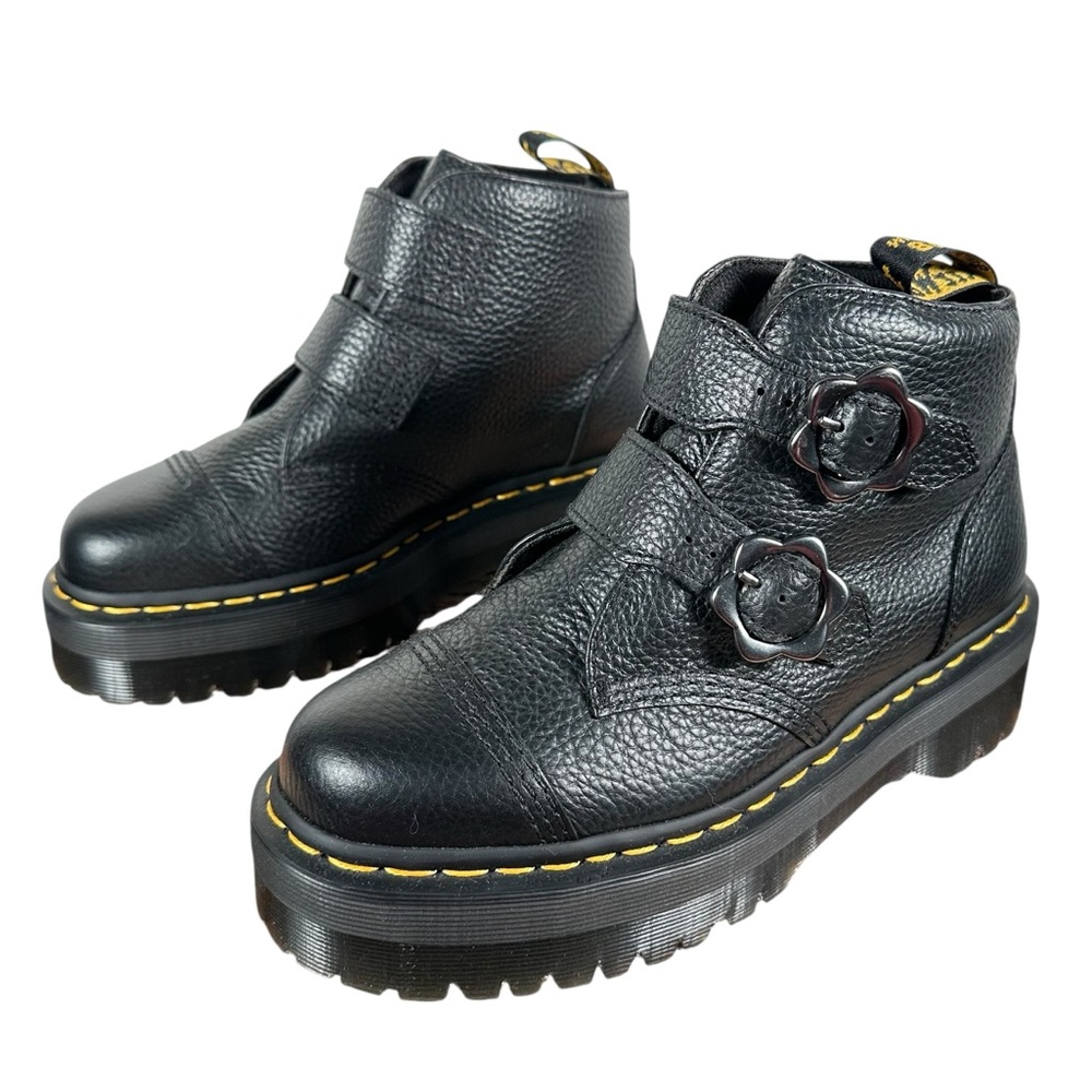 DR. MARTEN Devon Flower Buckle Leather Platform Boots in black milled nappa - Picture 4 of 11